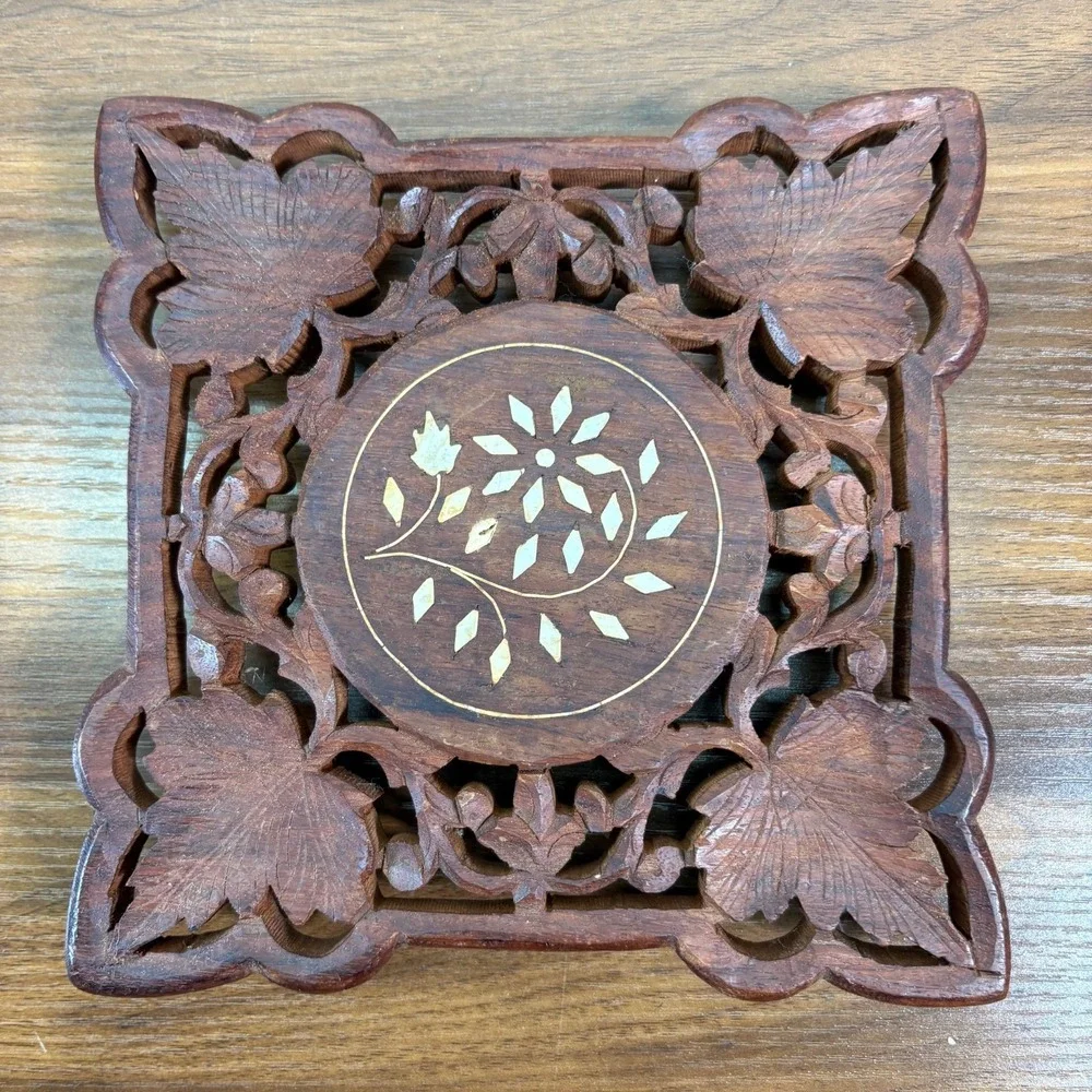 Vintage Hand-carved Wooden Trivet Flowers Inlay Round Footed India 7
